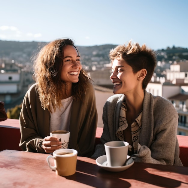 LGBT couple enjoying coffee on a Marseille terrace