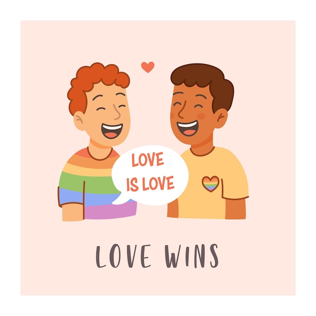 lgbt couple postcard with love wins slogan and rainbow heart shirt