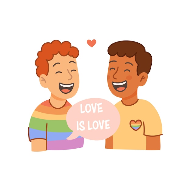 사랑으로 함께 미소 짓는 LGBT 커플은 사랑의 문장입니다.