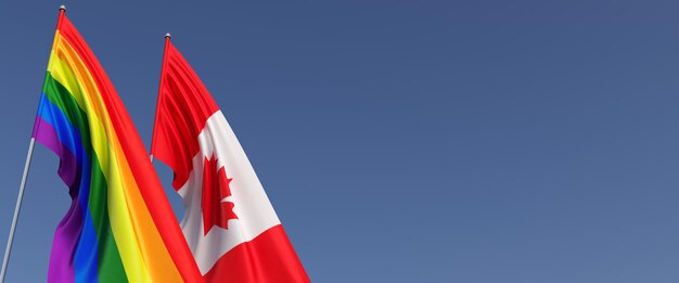 LGBT en Canadese vlaggen op vlaggenmast op blauwe achtergrond aan kant Regenboogvlag Plaats voor tekst LGBT-gemeenschap Canadese 3d illustratie