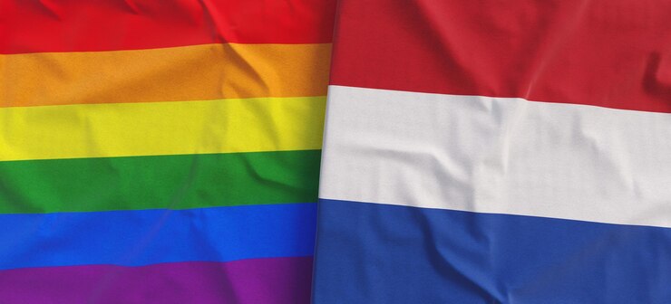 LGBT en Nederlandse vlaggen Linnen vlag close-up Regenboogvlag LGBT-gemeenschap Amsterdam Vlag gemaakt van canvas 3d illustratie
