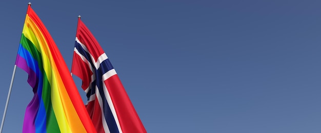 LGBT en Noorwegen vlaggen op vlaggenmast op blauwe achtergrond aan kant Regenboogvlag Plaats voor tekst LGBT-gemeenschap Oslo 3d illustratie
