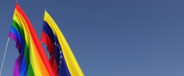 LGBT en Venezolaanse vlaggen op vlaggenmast op blauwe achtergrond aan kant Regenboogvlag plaats voor tekst Caracas LGBT-gemeenschap 3d illustratie