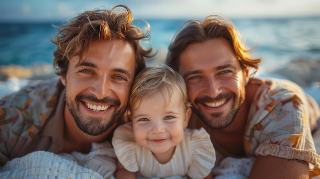 Lgbt family two men with child playing on a blanket near the seashore