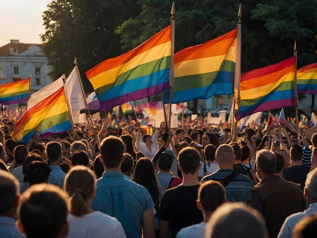 LGBT flags flying during a demonstration