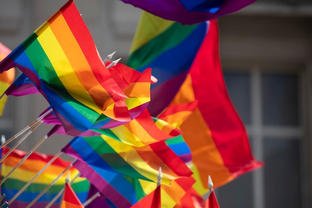 A lgbt gay pride rainbow flag being waved at a pride community\
celebration event