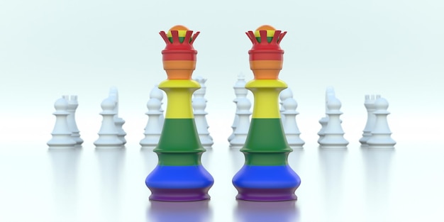 LGBT Gay Pride regenboogvlag Schaakspel Queens geïsoleerd op witte achtergrond 3d illustratie