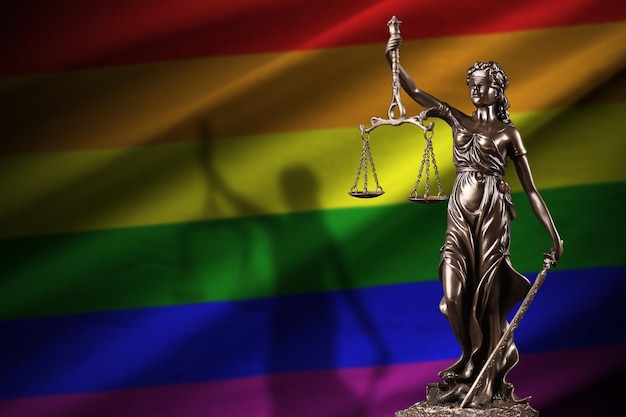 LGBT-gemeenschapsvlag met standbeeld van Vrouwe Justitia en gerechtelijke schalen in donkere kamer Concept van oordeel en straf