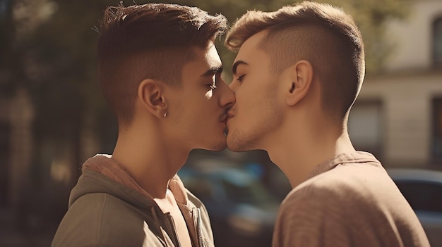 Photo lgbt generative ai two kissing smooching young men