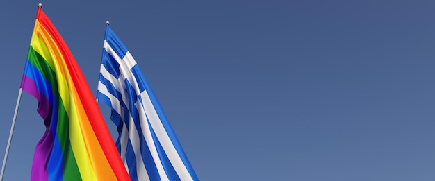 青い背景の旗竿にLGBTとギリシャの旗レインボーフラッグテキストの場所アテネLGBTコミュニティ3Dイラスト