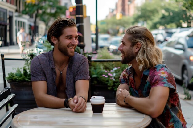 Foto lgbt-paar op een date in een koffieshop glimlachend en flirtende kleurrijke shirts zomer rond