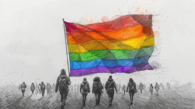 Foto la bandiera a matita del giorno dell'orgoglio lgbt e l'illustrazione della gente sullo sfondo