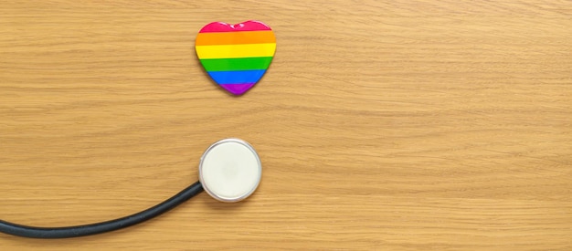 Lgbt pride month concept or lgbtq or lgbtqia rainbow heart shape with stethoscope for lesbian gay bisexual transgender queer and pansexual community