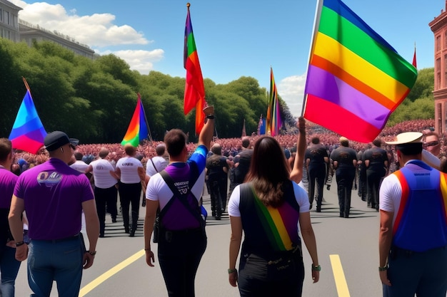 虹の形をした LGBT プライド月間カバー テンプレート LGBT プライドの旗と手を振っているリボン バナー