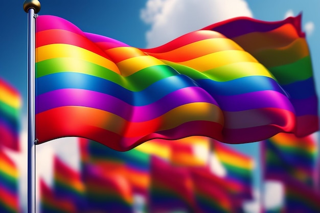 虹の形をした LGBT プライド月間カバー テンプレート LGBT プライドの旗と手を振っているリボン バナー