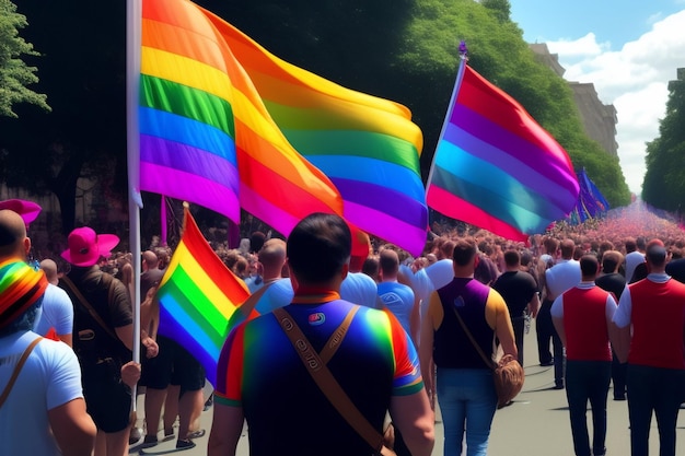 LGBT Pride Month omslagsjablonen met regenboogvormen Wapperende vaandel met vlag van LGBT-trots