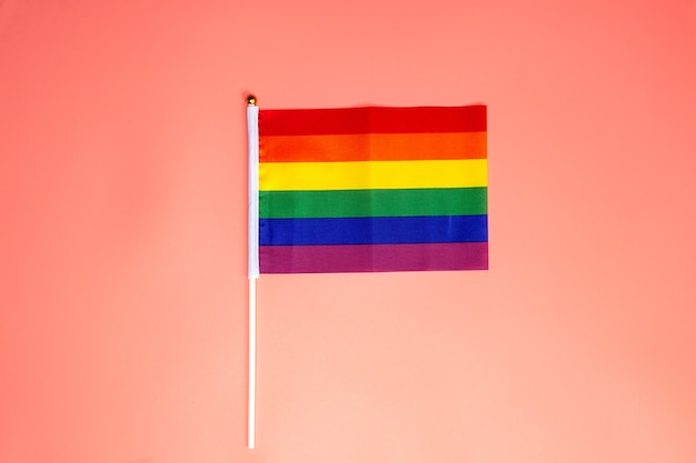 LGBT rainbow flag, pride flag on pink surface, top view with copy space