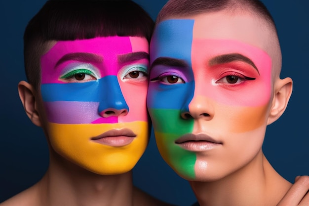 Photo lgbt rights young women with colorful makeup pride month concept ai generative