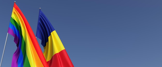 LGBTとルーマニアの旗の旗竿の青い背景の側面レインボーフラッグテキストの場所ブカレストLGBTコミュニティ3dイラスト