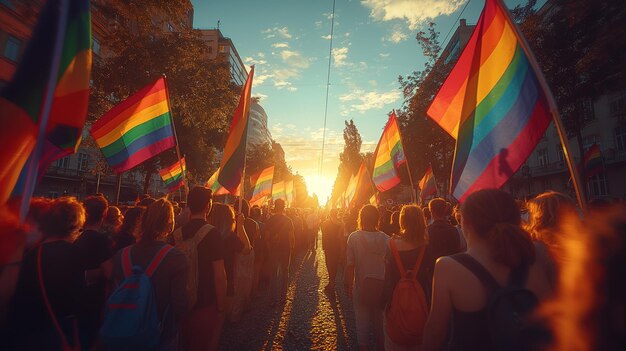 LGBT trots Een menigte mensen met regenboogvlaggen op straat