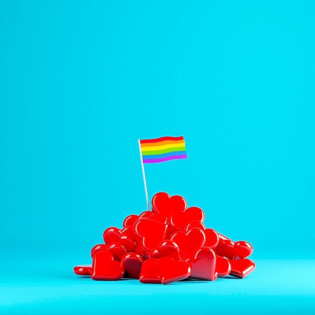 LGBT-vlag over stapel rode Valentijnsdag harten 3D-rendering