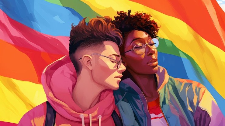 Photo lgbtq concept pride parade colorful background with a gay couple