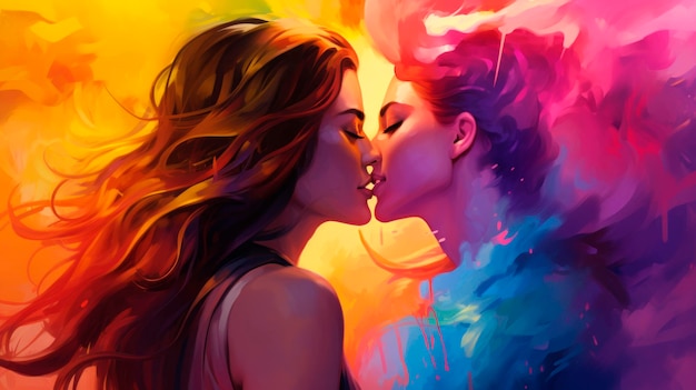 LGBTQ 컨셉 프라이드 퍼레이드 게이 커플과 화려한 배경
