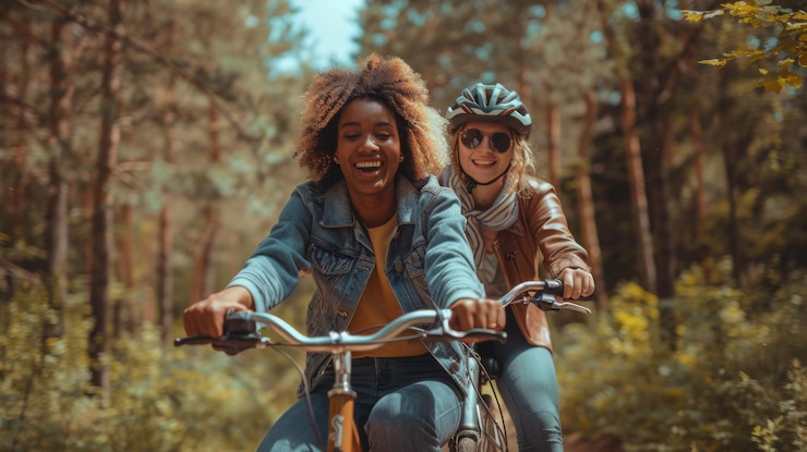 LGBTQ couple having fun on a tandem bicycle ride