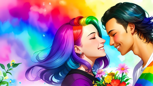 lgbtq カップルがロマンチックな雰囲気を共有する生成 ai による誇り高い虹色のイラスト