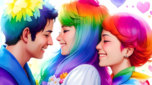 lgbtq カップルがロマンチックな雰囲気を共有する生成 ai による誇り高い虹色のイラスト