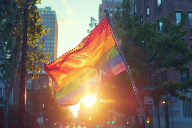 Lgbtq flag waving outdoors in the city Pride celebration Generative AI