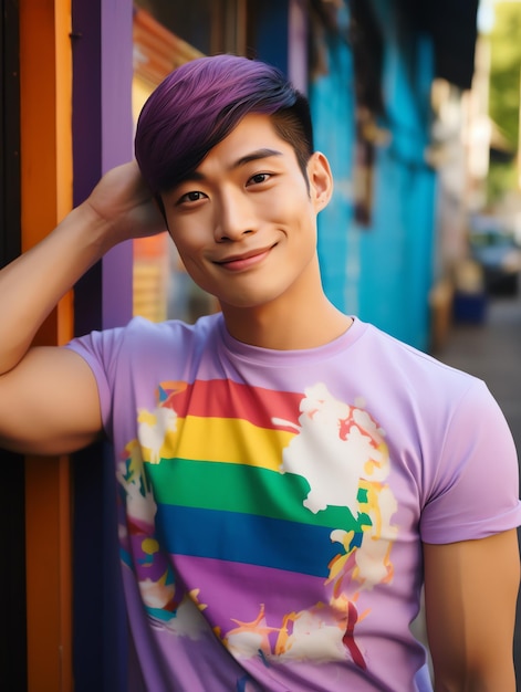 LGBTQ gay man in plain black t shirt standing next to a rainbow wall Photo illustration of Asian