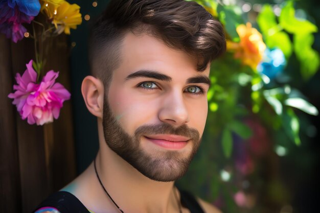 LGBTQ gay man in plain black t shirt standing next to a rainbow wall Photo illustration of love