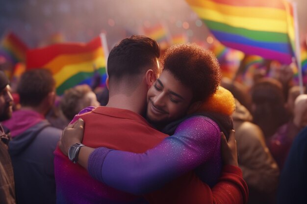 Lgbtq-individuen die een groeps knuffel delen die generatieve ai uitdrukken