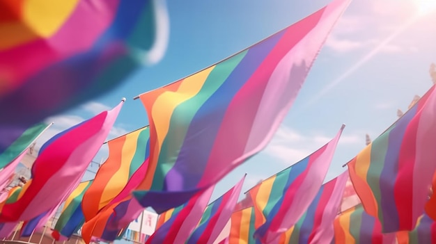 写真 バナーの背景にカラフルな虹色の旗を掲げてハッピープライド月間を祝うlgbtqの人々