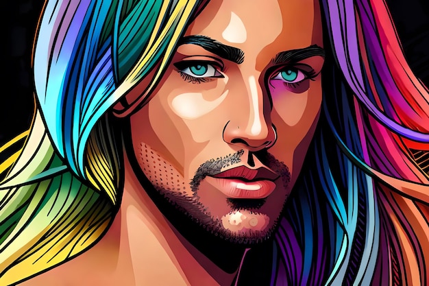 Lgbtq person with long rainbow coloured hair generative ai illustration