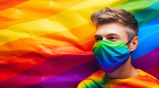 lgbtq person with rainbow medical mask on rainbow background lgbtq person portrait on rainbow