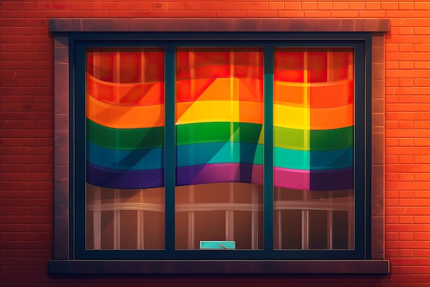 LGBTQ Pride flag hung in the window of a house