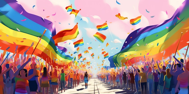 Lgbtq pride month parade minimalist illustration people waving rainbow flags generative ai