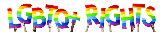 LGBTQ rights banner human hands holding colorful letters