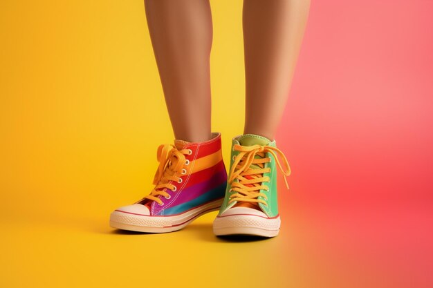 LGBTQ woman legs with rainbow flag patterns in a studio set