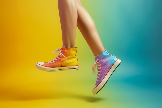 LGBTQ woman legs with rainbow flag patterns in a studio set