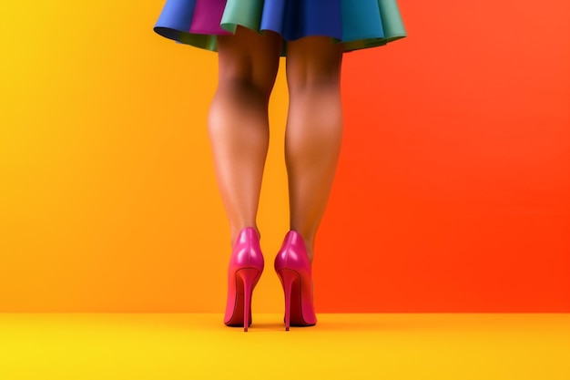 스튜디오 세트에서 무지개 발 패턴을 가진 LGBTQ 여성 다리
