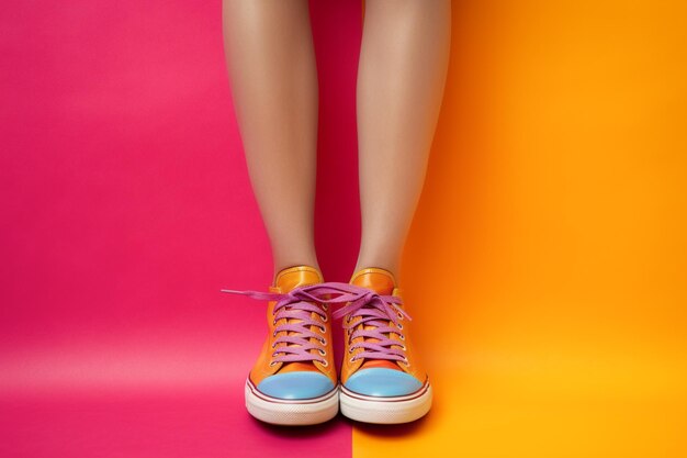 LGBTQ woman legs with rainbow flag patterns in a studio set