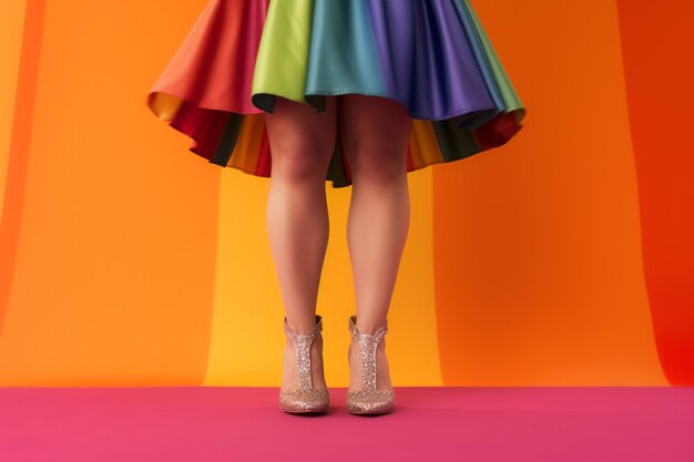 Lgbtq woman legs with rainbow flag patterns in a studio set