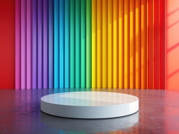 Foto podium 3d a tema lgbtq con arco arcobaleno per vetrine di prodotti diversi e inclusivi