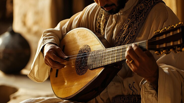 Foto libanese oud-speler strummen in een warme culturele omgeving