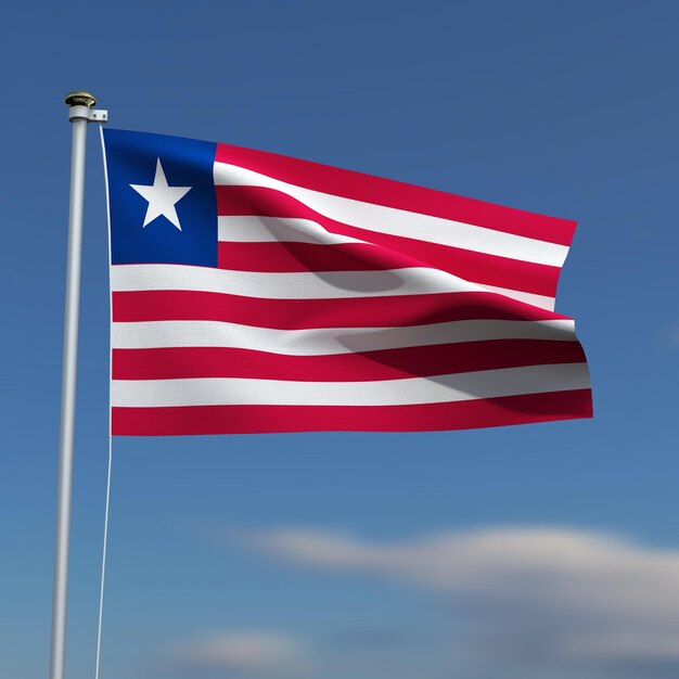 The Liberia Flag is waving in front of a blue sky with blurred clouds in the background