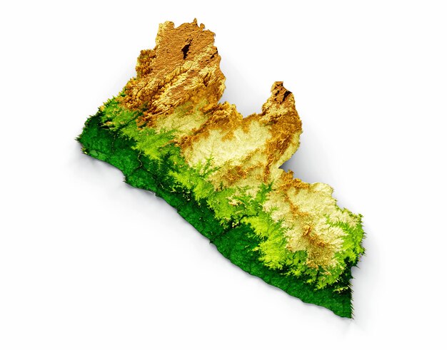 Liberia Map Shaded relief Color Height map on White Background 3d illustration