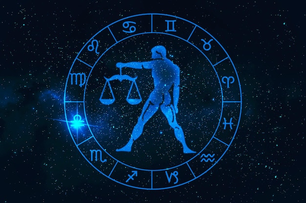 Libra horoscope sign in twelve zodiac with galaxy stars background graphic of polygon man thinking